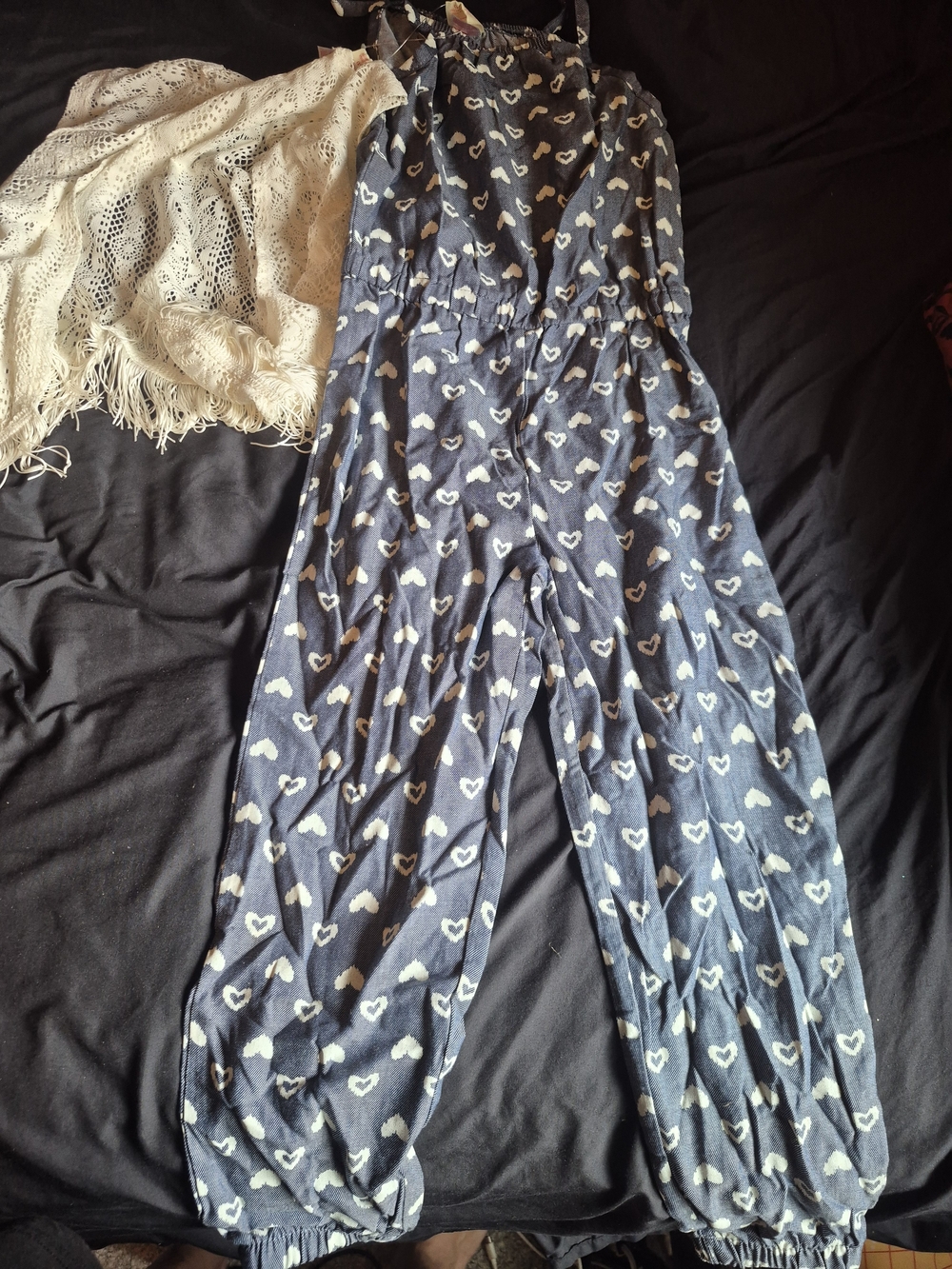 Girls 6x Navy Heart-Print Jumpsuit With Fringe Shrug
